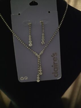 Claire's Silver Crystal Drop Necklace and Earring Set - Silver